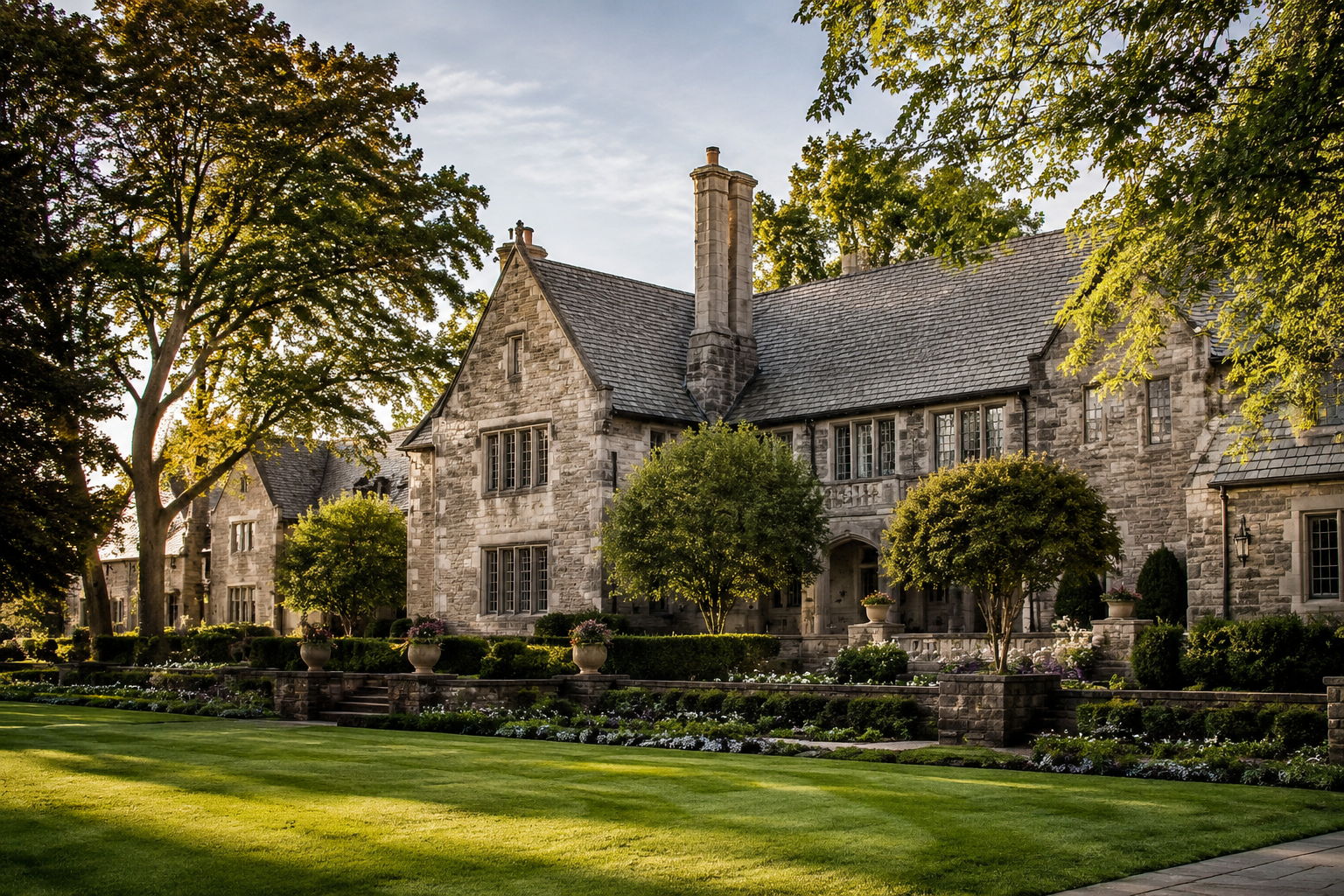 AI-generated representation of a historic stone estate and gardens