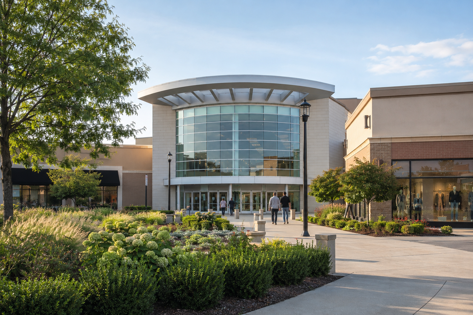 AI-generated representation of a landscaped shopping mall entrance near Roseville